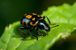 Käfer auf ein Blatt, Makro Fotografie, ai generiert foto