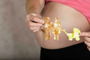 jung schwanger Frau hält Papier Ausschnitte von ein Familie. Nahansicht foto