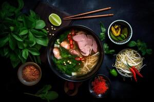 Schüssel Essen pho heiß Nudel japanisch Hintergrund Gemüse Mahlzeit ga asiatisch Suppe. generativ ai. foto