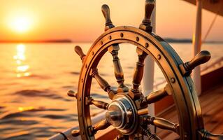Ruder Rad von ein Schiff und Meer Horizont im das Hintergrund beim Sonnenuntergang. generativ ai foto