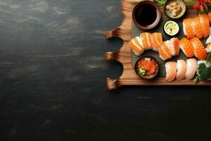 gesund Sushi frisch asiatisch Fisch japanisch rollen Essen Reis Meeresfrüchte. generativ ai. foto