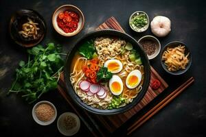 Essen Ramen Gemüse japanisch Mahlzeit asiatisch Schüssel Suppe Stäbchen Nudel. generativ ai. foto