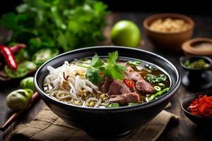 Suppe Mahlzeit Schüssel Gemüse Hintergrund heiß asiatisch Essen japanisch frisch Nudel. generativ ai. foto