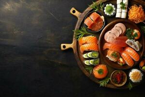 frisch Essen gesund Fisch rollen japanisch Meeresfrüchte Sushi Reis asiatisch. generativ ai. foto