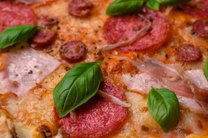 köstlich frisch Ofen gebacken Pizza mit Salami, Fleisch, Käse, Tomaten foto