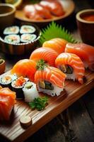 Meeresfrüchte einstellen Essen Japan Mahlzeit japanisch Sushi rollen Fisch Reis. generativ ai. foto