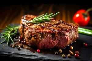 gebraten rot Fleisch Beefsteak Rindfleisch Steak roh Grill Hintergrund dunkel Lebensmittel. generativ ai. foto