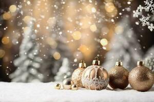 Schneeflocken Dekoration Baum Weihnachten Urlaub Jahr Weihnachten Hintergrund Gold Gruß Neu Karte. generativ ai. foto