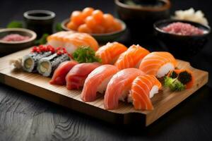 Sushi Reis Mahlzeit rollen Essen einstellen Meeresfrüchte japanisch Japan Fisch. generativ ai. foto