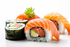 Essen rollen gesund Fisch einstellen Hintergrund japanisch Sushi Meeresfrüchte Reis Weiß. generativ ai. foto