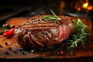 gebraten Hintergrund rot Essen Grill Steak dunkel Fleisch roh oben Rindfleisch. generativ ai. foto