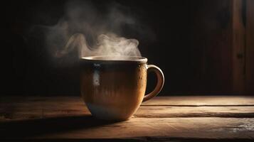 ai generativ Kaffee Tasse auf hölzern Tabelle und Rauch auf dunkel Hintergrund foto