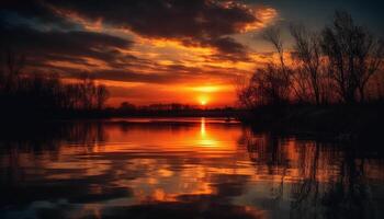 golden Sonne setzt Über still Wasser Szene generiert durch ai foto