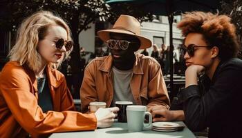 jung Erwachsene genießen Kaffee brechen im Stadt Geschäft generiert durch ai foto