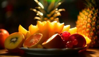 süss, saftig Ananas Scheibe auf hölzern Teller generiert durch ai foto