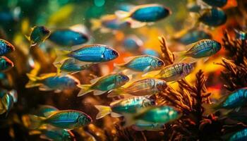 Schule von multi farbig Fisch schwimmen im Riff generiert durch ai foto