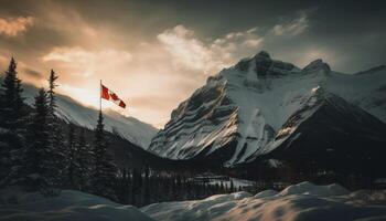 majestätisch Berg Gipfel zurück zündete durch Sonnenuntergang generiert durch ai foto