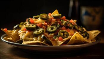 frisch Guacamole und Salsa auf knusprig Tortilla Chips generiert durch ai foto