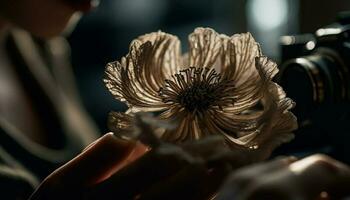 kaukasisch Frau halten Single Blume, Fotografieren draußen generiert durch ai foto