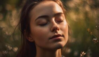 jung Frau im Natur, Schönheit im Einfachheit generiert durch ai foto