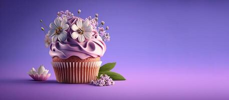 Frühling Urlaub Cupcakes mit Blumen und Sträusel auf ein lila Hintergrund. generativ ai. ein Platz zum Ihre Text. foto