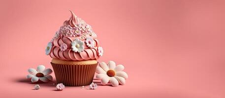 Frühling Urlaub Cupcakes mit Blumen und Sträusel auf ein Rosa Hintergrund. generativ ai. ein Platz zum Ihre Text. foto