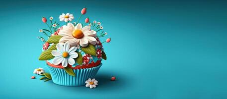 Frühling Urlaub Cupcakes mit Blumen und Sträusel zum ein Party. generativ ai. ein Platz zum Ihre Text. Blau Hintergrund. foto