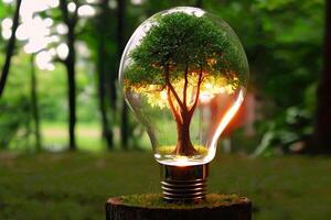 generativ ai. ein elektrisch Licht Birne auf das Grün Gras und ein Baum Innerhalb Es. Erde Tag. Sonnenlicht im Natur. Energie Speichern Konzept foto