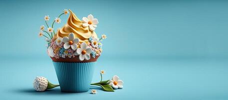 festlich Cupcakes mit Frühling Blumen und Sträusel zum ein Party. generativ ai. ein Platz zum Ihre Text. Blau Hintergrund. foto