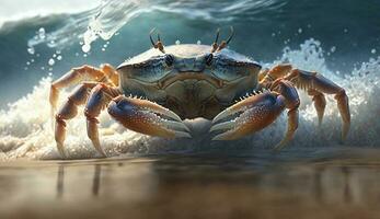 ein schließen oben von ein frisch Krabbe auf Sand generiert durch ai foto