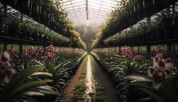 ein Grün Innen- Pflanze Blüten mit schön Blätter generiert durch ai foto