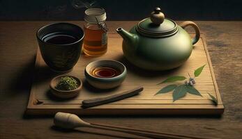 Teekanne auf Holz Tabelle heiß Tee Gießen generiert durch ai foto