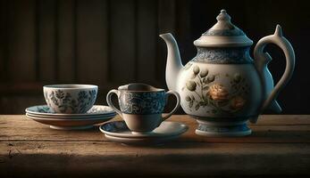 rustikal Teekanne und Tassen einstellen auf hölzern Tabelle generiert durch ai foto