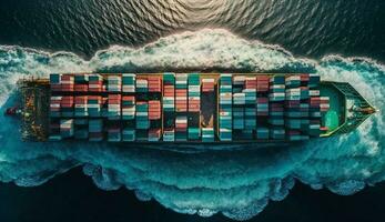 Versand Container auf industriell Schiff beim kommerziell Dock generiert durch ai foto