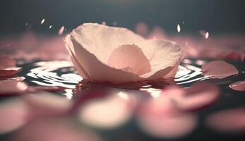 frisch Rosa Blütenblatt Schönheit spiegelt auf still Wasser generiert durch ai foto