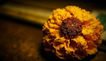 ein frisch Gelb Blume Kopf auf dunkel Holz generiert durch ai foto