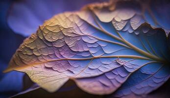 schließen oben von lila Blatt Vene Natur abstrakt Dekoration generiert durch ai foto