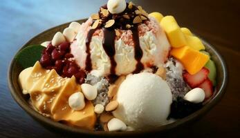 Dessert Genuss mit Gourmet Eis Sahne Eisbecher Variation ,generativ ai foto