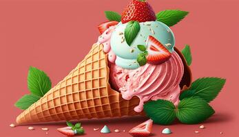 Süss Sommer- behandeln Eis Creme, Erdbeeren, und Minze ,generativ ai foto