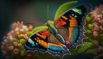 multi farbig Schmetterling auf Gelb Blume, schließen oben Schönheit ,generativ ai foto