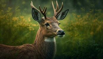 majestätisch Hirsch Weiden lassen im Grün Wald Wiese ,generativ ai foto