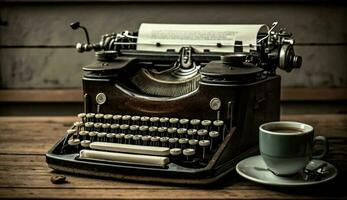Antiquität Schreibmaschine auf rustikal Tabelle mit Papier ,generativ ai foto