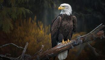 kahl Adler thront majestätisch auf Baum Ast ,generativ ai foto