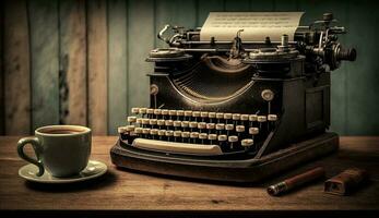 Schreibmaschine auf Antiquität Holz Tabelle nostalgisch rustikal immer noch Leben ,generativ ai foto
