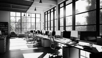 modern Büro mit Computer Ausrüstung, leeren Glas Fenster ,generativ ai foto