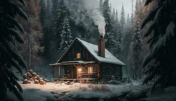 Schnee bedeckt Wald Hütte mit Rauchen Kamin beim Nacht ,generativ ai foto