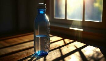 Flüssigkeit Flasche enthält gereinigt Trinken Wasser, schließen oben Schuss ,generativ ai foto