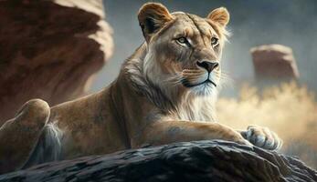ein majestätisch Löwin posieren zum das Kamera ,generativ ai foto