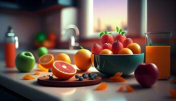 frisch und gesund Früchte im Küche Szene ,generativ ai foto