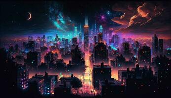 ein futuristisch Stadt Horizont leuchtet mit beschwingt Farben generiert durch ai foto